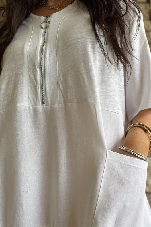 Rustic Nature Linen Blend Smock T Shirt Dress White